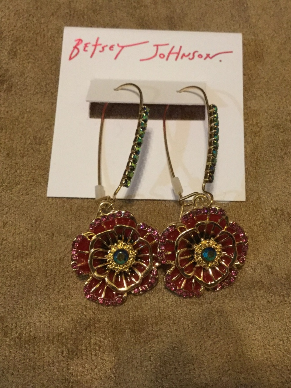 Betsy Johnson flower earrings with purple gold and green accents